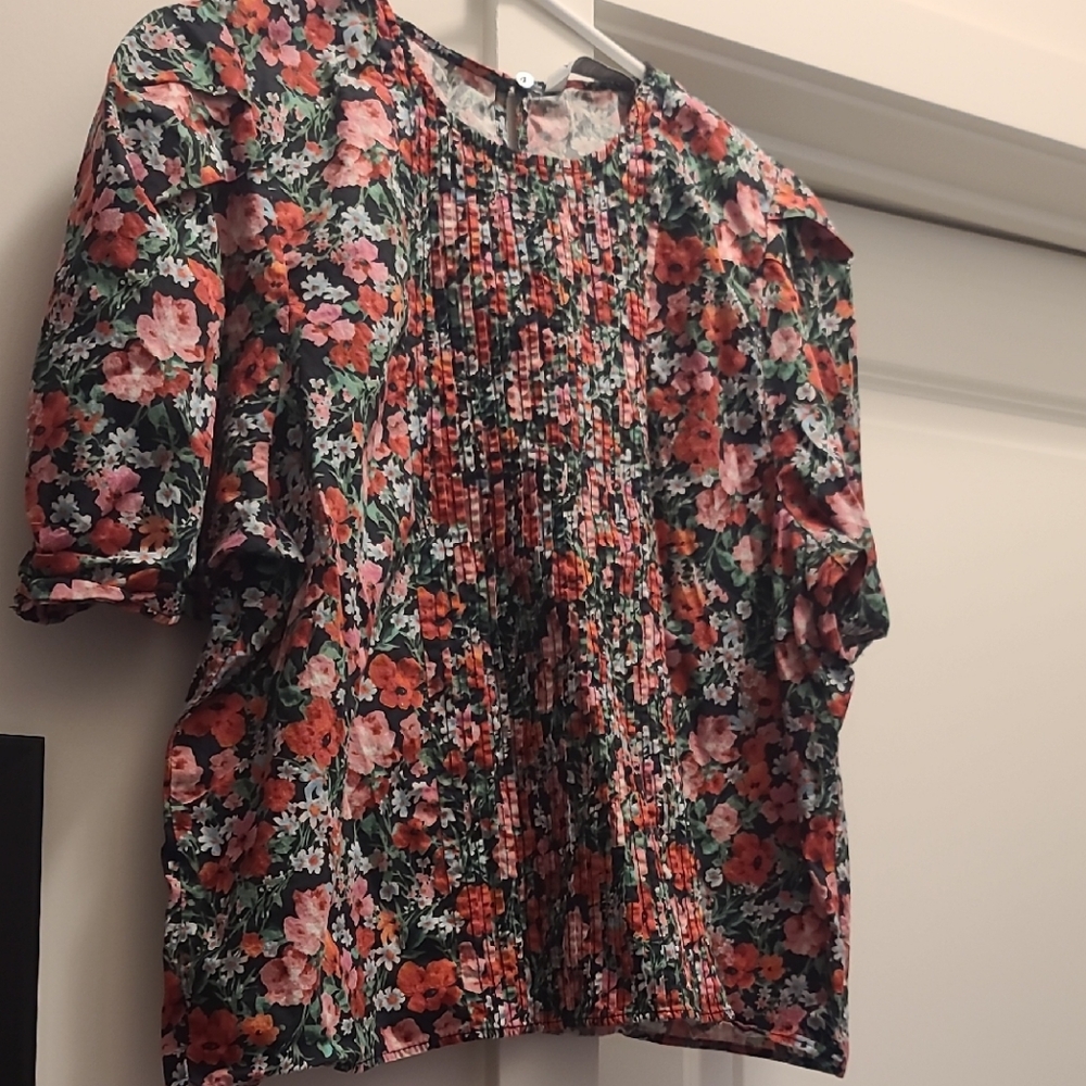 Zara Red and Pink Ruffled Blouse with Bib Collar
